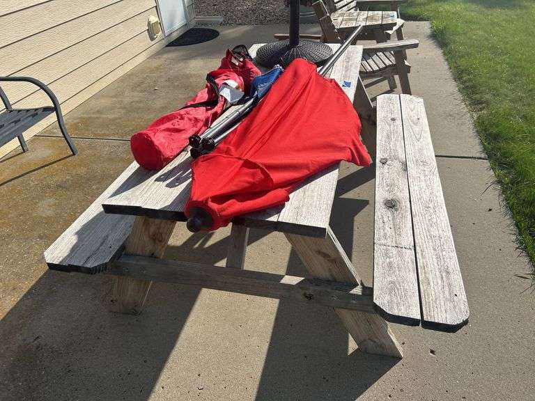 Picnic Table, Chairs, Umbrella, & Umbrella Stand