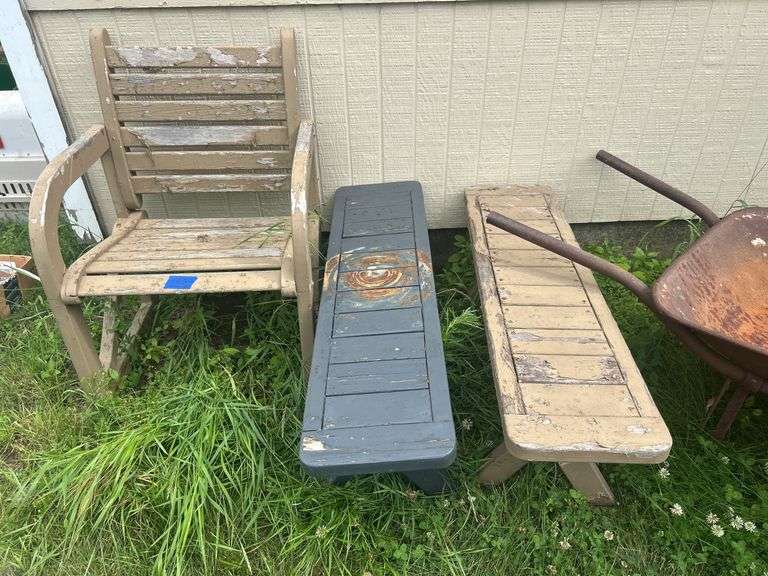 Wooden Chair, Wooden Benches, & Two Wheelbarrows