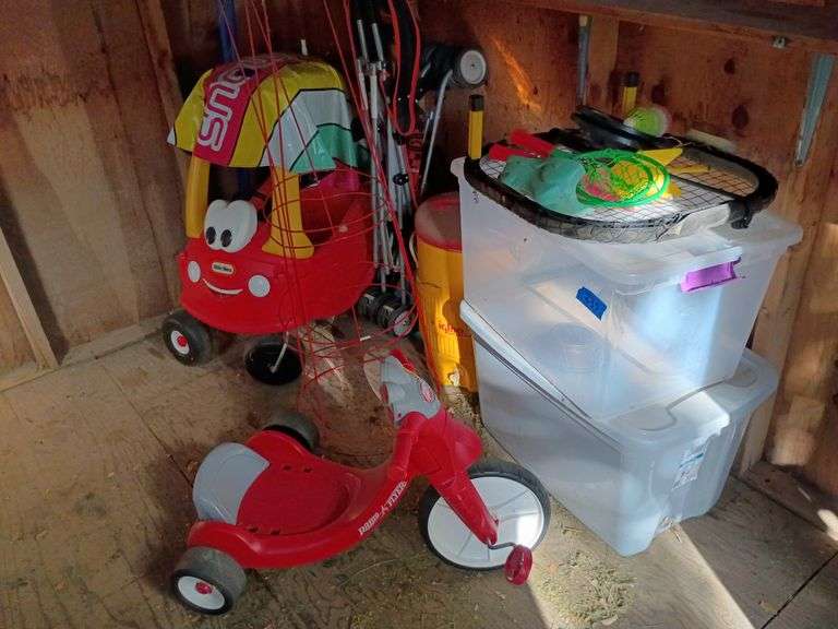 Tomato Cages, Totes, Plastic Radio Flyer Trike, Little Tikes Car, & More