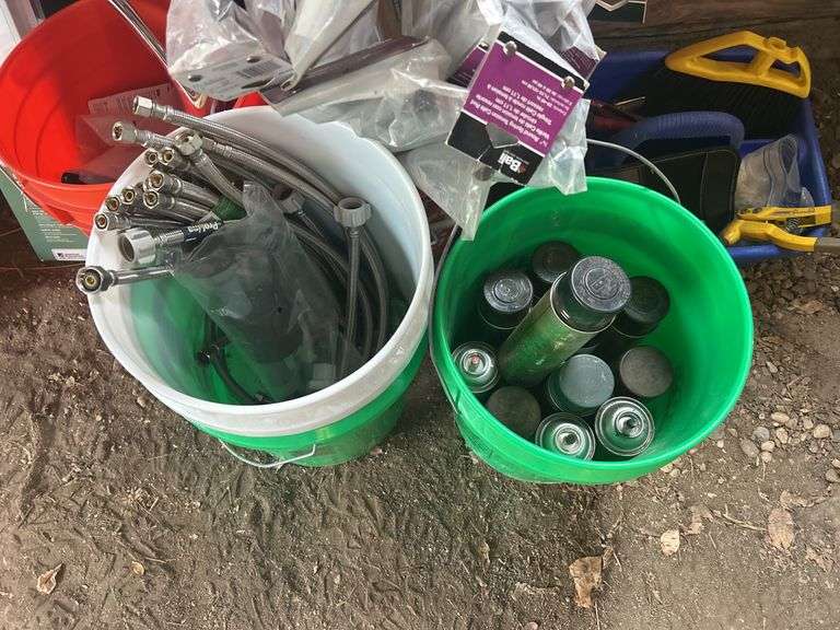 Tools, Dremel Machine, Pail of Door Bottoms, Pail of Plumbing, New Toilet Seat, & More