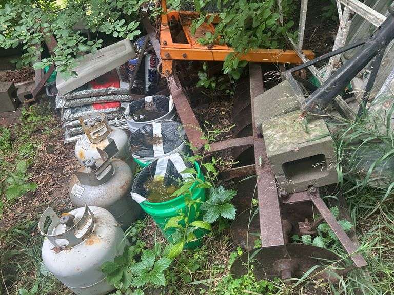 Engine Stand, Small Disc, Old Propane Tanks, Riding Lawnmower, & More