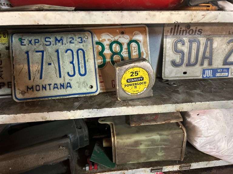 Shelf Of Items - License Plates, Tape Measure, Good Fire Extinguisher, Alternator, & More