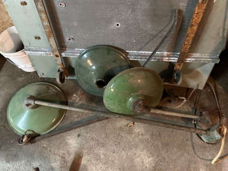 Green Enamel Light Shades, Few Tire Chains, Bucket, & Cart