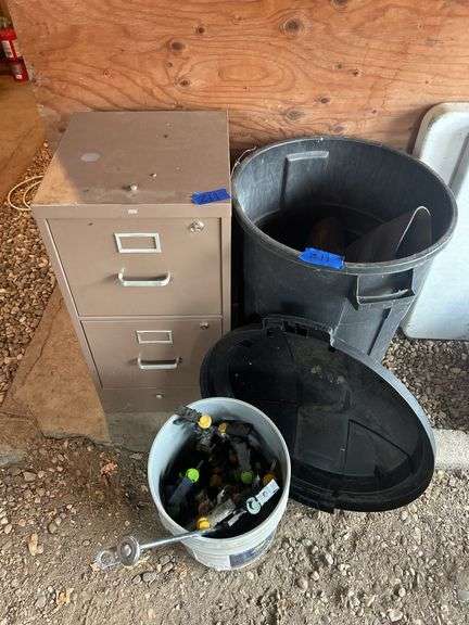 Two Drawer Filing Cabinet, Garbage Can, Rubber Boots, & Sprinklers