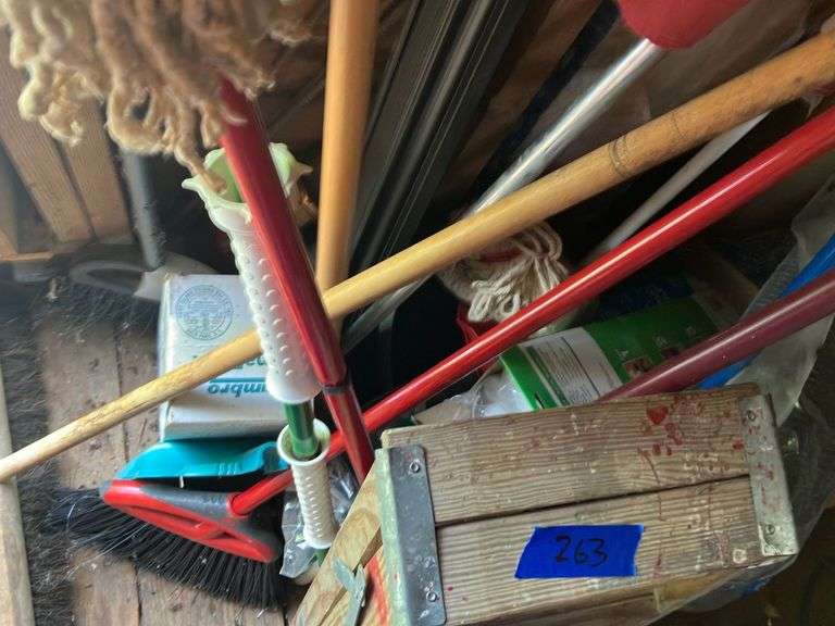 Short Footstep Ladder, Sump Pump, Hose, Brooms, & Mops