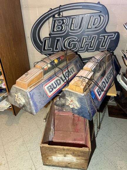 Bud Light Signs & a Wooden Wood Rubbers Box