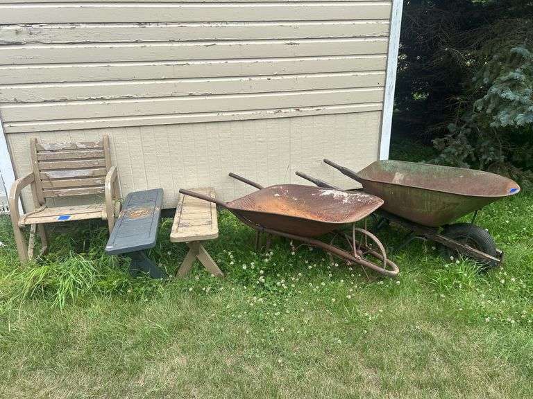 Wooden Chair, Wooden Benches, & Two Wheelbarrows