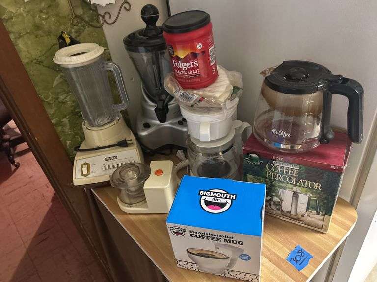 Coffee Makers, Percolator, Blenders, & Rack On The Wall with Plates