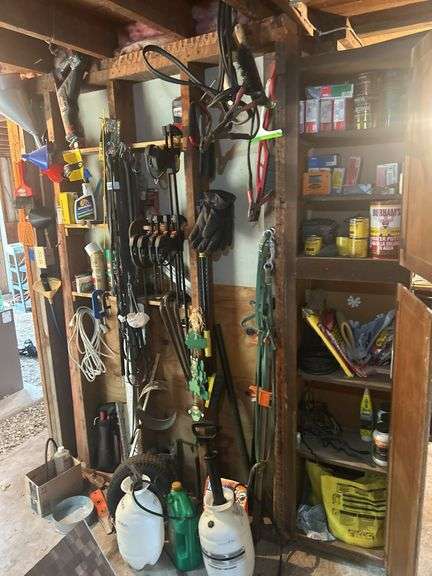 Items on the Wall & in the Cupboard - Extension Cords, Clamps, Bungee Cords, Yard Sprayers, Screws, 