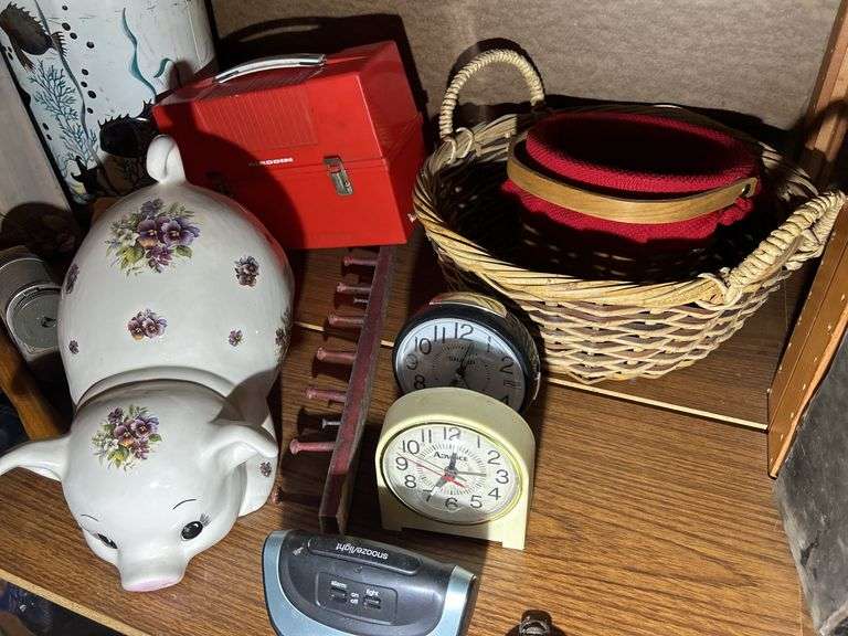 Pocket Watch, Ceramic Pig Figure, Alarm Clocks, Pencil Sharpener, Garbage Can, & More