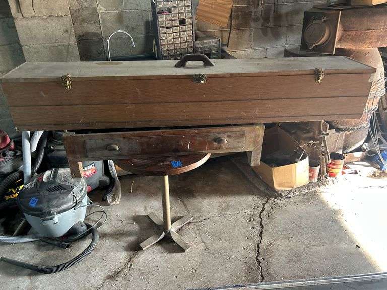 Small Round Table, Drawer on a Stand, & Large Toolbox