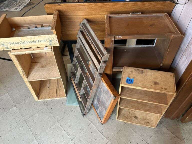 Collection of Wooden Boxes, Cupboard Part, Display Pieces, & Ribbed Glass
