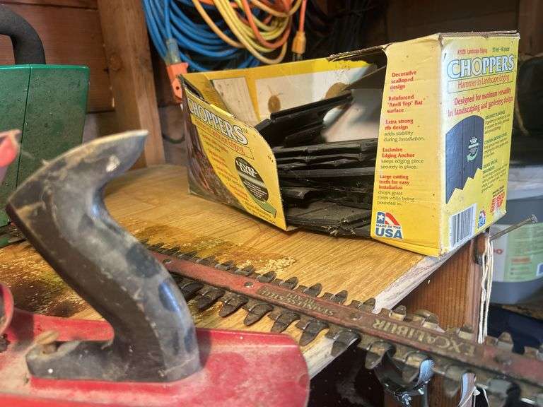 Contents of Shelf - Roadmaster Tricycle, Yard Sprayers, WD-40, Wood Plane, Poultry Netting, & More