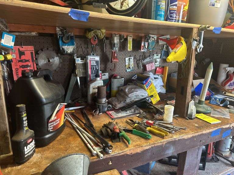 Contents of Countertop & Pegboard - Tools, Hardware, Shop Rags, & More