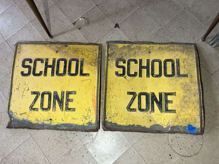 Pair Of Old Embossed Steel School Zone Signs