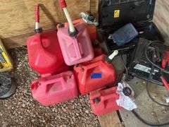 Battery Charger, Dewalt Tool Case, & Gas Cans