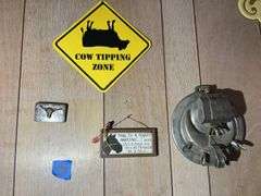 Keystone Light Framed Sign, Justin Boots Sign, Belt Buckle, Coors Banquet Beer Sign, Scythe, & More