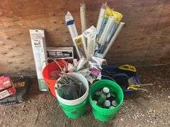 Tools, Dremel Machine, Pail of Door Bottoms, Pail of Plumbing, New Toilet Seat, & More
