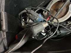 Tote of Corded Power Tools - Circular Saw, Jigs, Heat Gun, Drill, & More