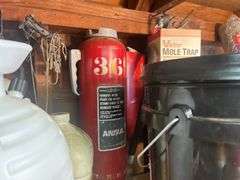 Contents of Shelf - Roadmaster Tricycle, Yard Sprayers, WD-40, Wood Plane, Poultry Netting, & More