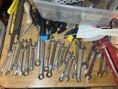 Contents of Tabletop - Tools, Wrenches, Painting Supplies, Fixtures, Copper Fittings, & Map Pro Gas
