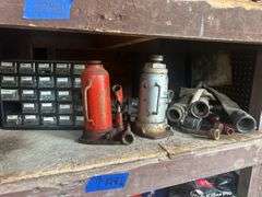 Contents of Shelf & Items on the Ground - Hardware Organizers, Jack Stands, Bottle Jacks, Grub Kille