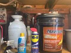 Contents of Shelf - Roadmaster Tricycle, Yard Sprayers, WD-40, Wood Plane, Poultry Netting, & More