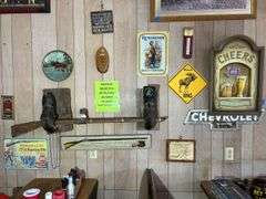 Group of Wall Hangings - Metal Signs, Hoofed Gun Holder, and More Decor