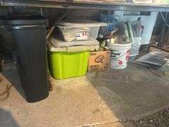 Items on the Floor - Trash Can, Bathroom Type Supplies, Shop Rags, Ajax Cleaner, & Plumbing Fittings