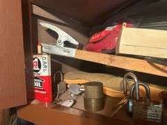 Contents of Cupboard - Padlocks, Radio, Extension Cords, & More