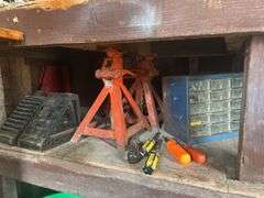 Contents of Shelf & Items on the Ground - Hardware Organizers, Jack Stands, Bottle Jacks, Grub Kille
