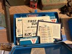 Trenching Tool, Metal Boxes, First Aid Kits, Gas Mask Parts, Pottery Water Bottle, & Pocket Knives