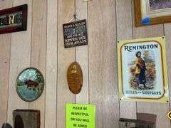 Group of Wall Hangings - Metal Signs, Hoofed Gun Holder, and More Decor