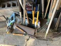 Group of Hand Tools - Shovels, Spades, Clippers, Sprinkler, Rakes, & More