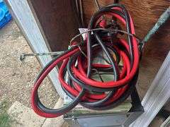 Contents of Items in the Corner - Spades, Jumper Cables, Metal Rack, TV Mount, & More