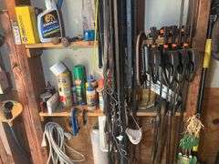 Items on the Wall & in the Cupboard - Extension Cords, Clamps, Bungee Cords, Yard Sprayers, Screws, 