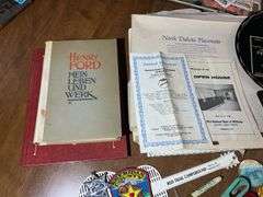 Pinback Buttons, Advertising, Placemats Including John Deere, & Henry Ford's Book "My Life