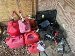 Battery Charger, Dewalt Tool Case, & Gas Cans
