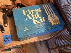 Trenching Tool, Metal Boxes, First Aid Kits, Gas Mask Parts, Pottery Water Bottle, & Pocket Knives