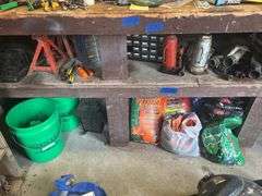 Contents of Shelf & Items on the Ground - Hardware Organizers, Jack Stands, Bottle Jacks, Grub Kille
