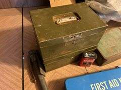 Trenching Tool, Metal Boxes, First Aid Kits, Gas Mask Parts, Pottery Water Bottle, & Pocket Knives