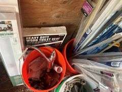 Tools, Dremel Machine, Pail of Door Bottoms, Pail of Plumbing, New Toilet Seat, & More