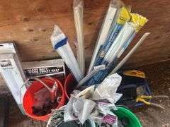 Tools, Dremel Machine, Pail of Door Bottoms, Pail of Plumbing, New Toilet Seat, & More