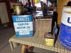 Collection of Oil Cans & Related Plus a "B" Branding Iron & a Bench
