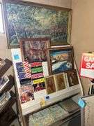 Magazine Rack with Books, Painting by D Smith & some Prints