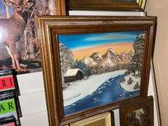 Magazine Rack with Books, Painting by D Smith & some Prints