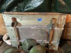 Green Enamel Light Shades, Few Tire Chains, Bucket, & Cart