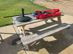 Picnic Table, Chairs, Umbrella, & Umbrella Stand