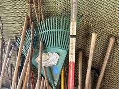 Group of Hand Tools - Shovels, Spades, Clippers, Sprinkler, Rakes, & More
