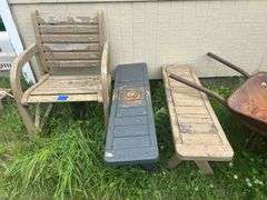 Wooden Chair, Wooden Benches, & Two Wheelbarrows